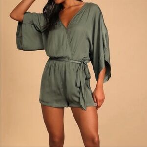 Lulus Satin Surplice Romper Ain't it Grand Greyish Olive